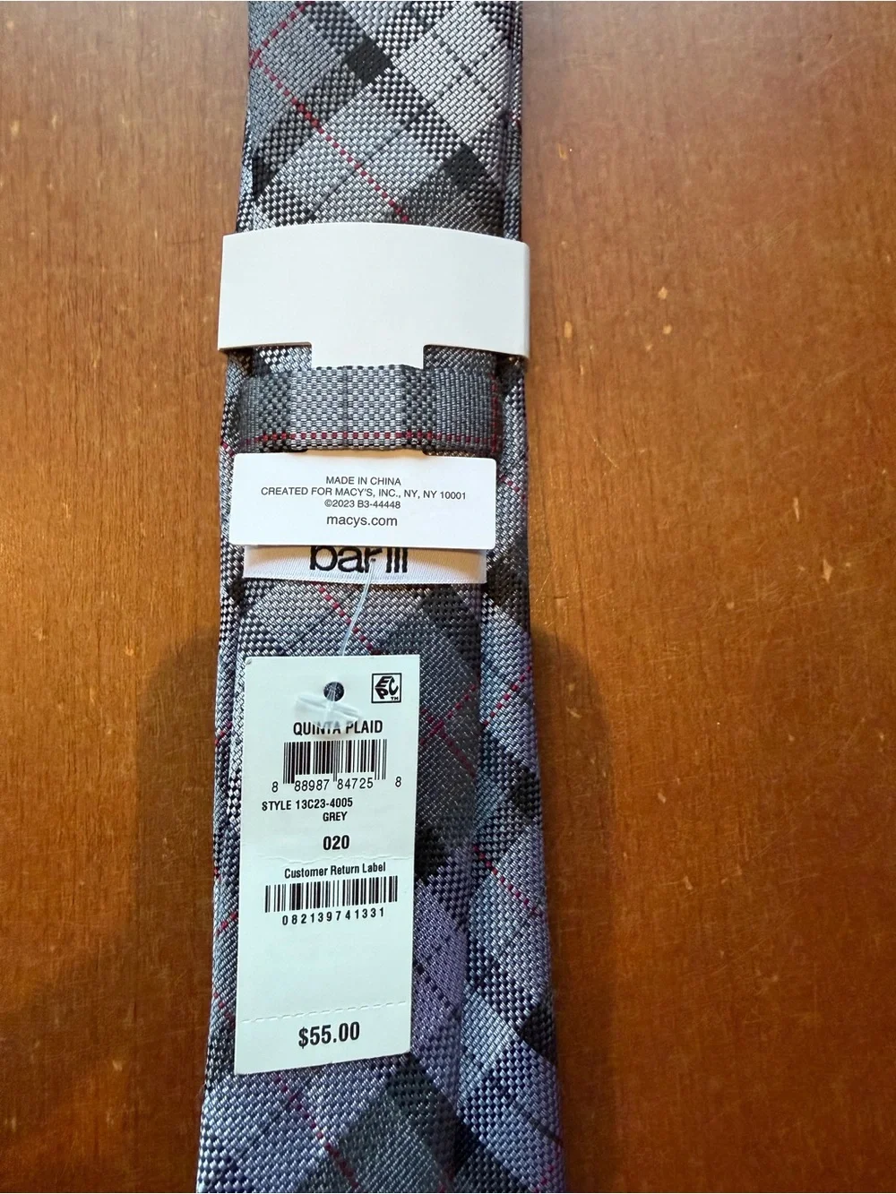 Bar III Gray Plaid Tie with Black and Red Accentsz